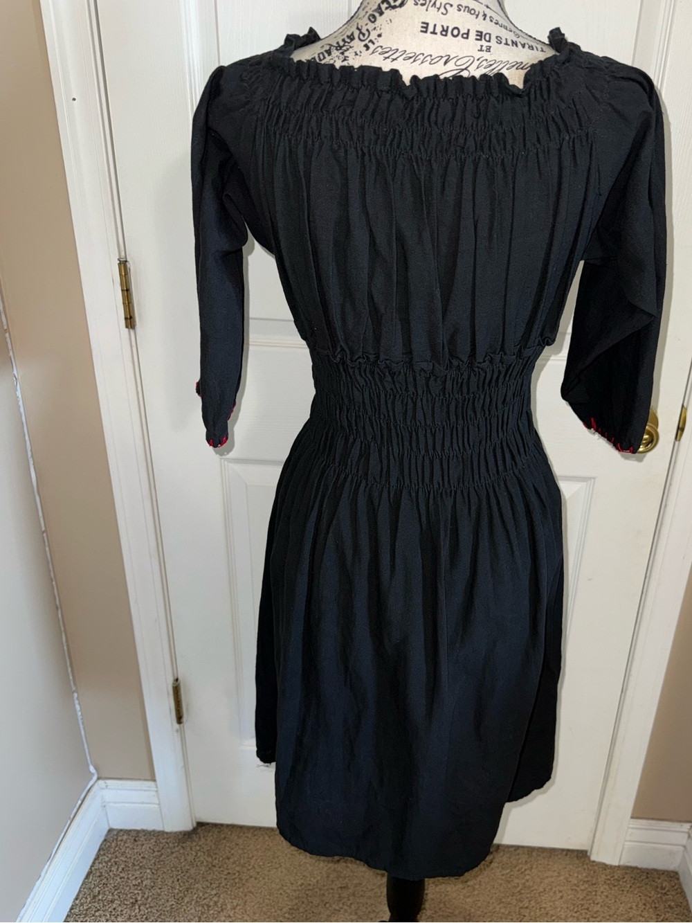 Handmade Embroidered Black Linen Cotton Dress Small Boho Floral - Picture 8 of 11